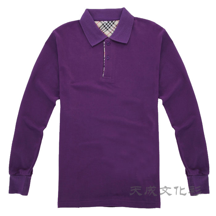 高品质后领布格紫色长袖polo衫